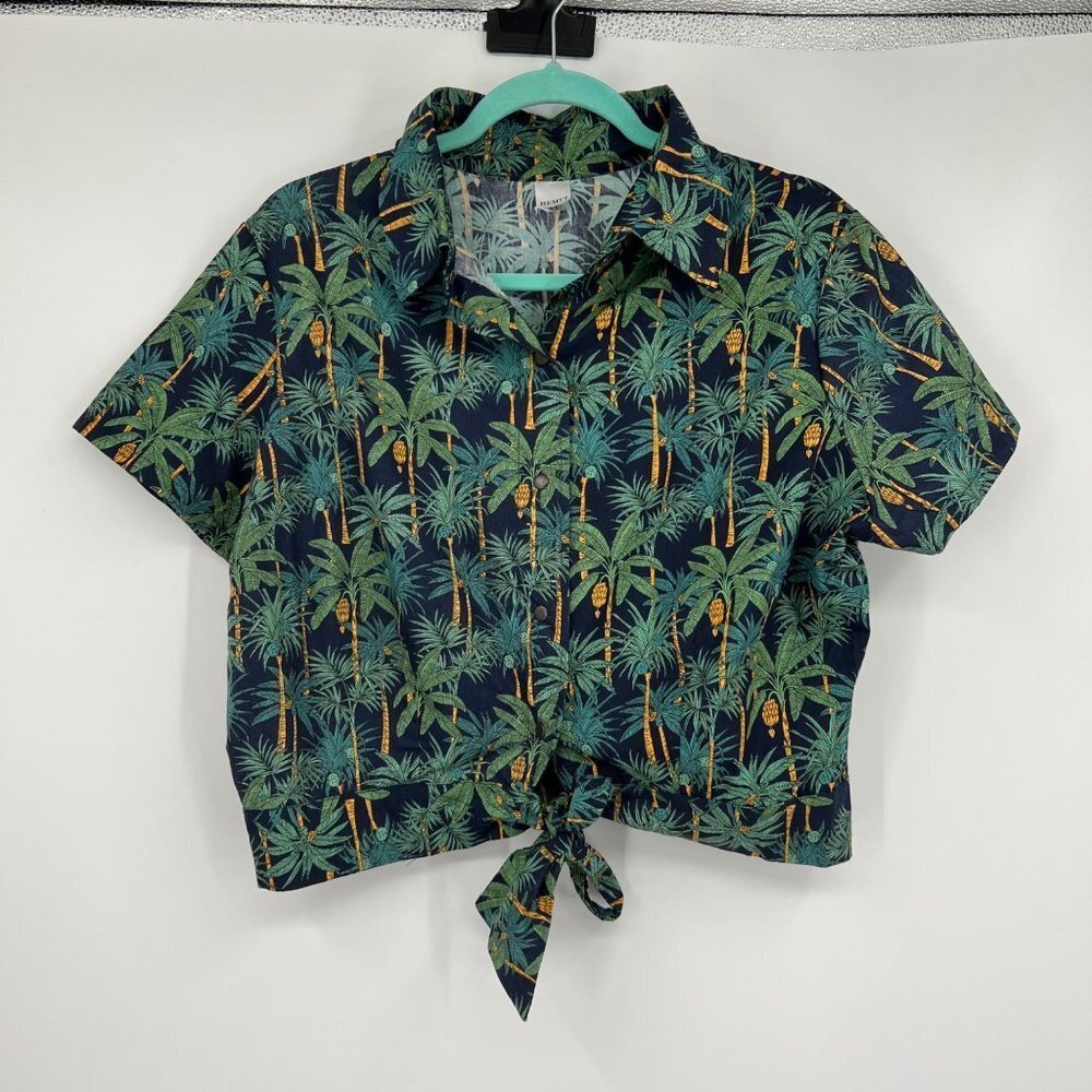 Hemet Women's Blouse Sz L Cropped Tie Front Palm Trees Tropical